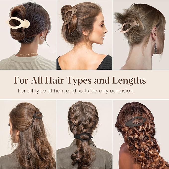 4 PCS Large Flat Hair Clips for Women Girls, French Concord Lay Down Claw Clips for Thick Thin Hair, Comfortable Curved Flat Clips, Matte Non-slip Strong Hold Hair Accessories, Brown