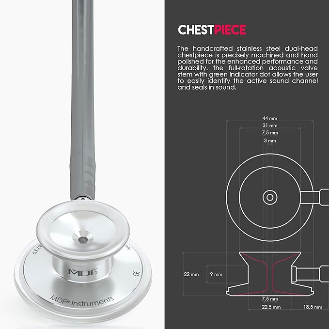 MDF Instruments, Acoustica Lightweight Stethoscope for Doctors, Nurses, Students, Home Health Use, Adult, Dual Head, Grey Tube, Silver Chestpiece-Headset, MDF747XP12