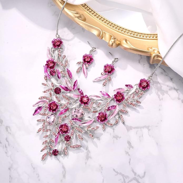 BriLove Wedding Bridal Leaf Cluster Jewelry Set for Women Crystal Flower Enamel Statement Necklace Dangle Earrings