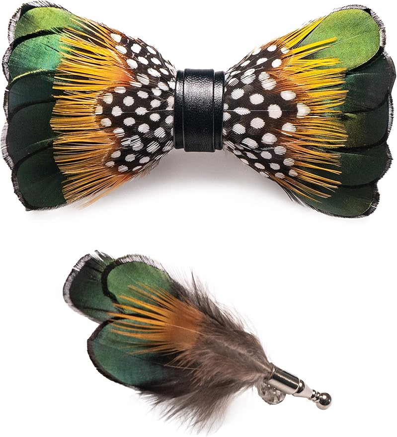 RBOCOTT Handmade Feather Pre-tied Bow tie and Brooch Sets for Men