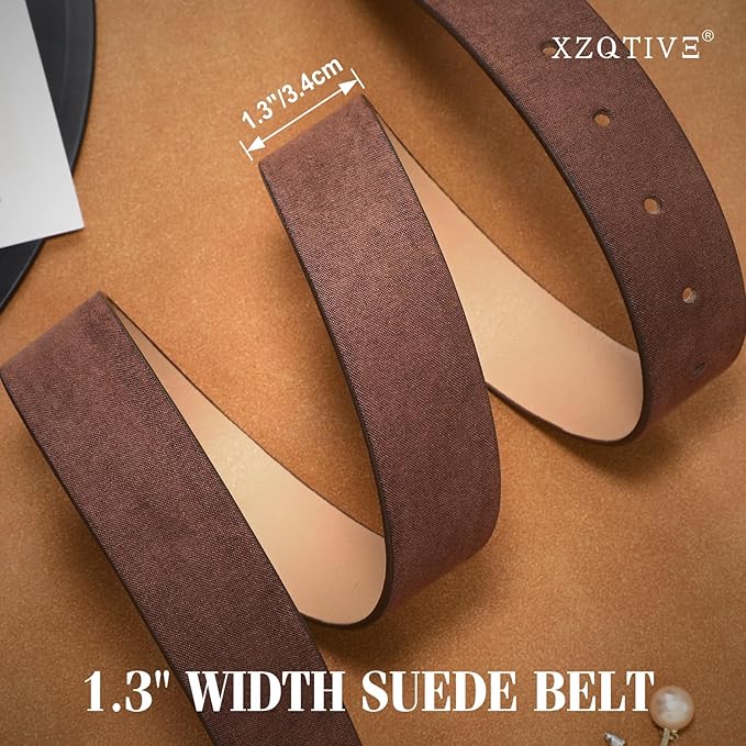 XZQTIVE Women’s Suede Belt for Jeans Pants Dresses Fashion Ladies Dark Brown Belt with Gold Buckle