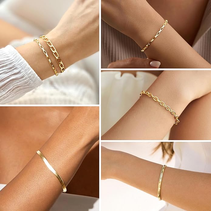 Dainty Thin Gold Bracelet for Women Stack, 14K Gold Plated Bracelet Stackable Set with Bangle Cuff, Box, Herringbone, Paperclip, Figaro, Sparkling Link Chains, Simple Waterproof Non Tarnish Minimalist Gifts for Women Trendy