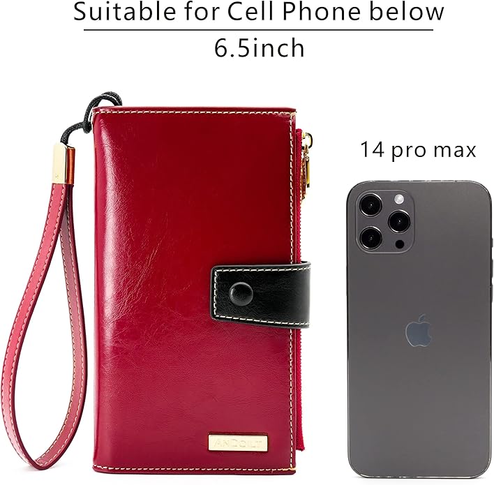 ANDOILT Wallet Women RFID Blocking Genuine Leather Bifold Multi Card Organizer Wristlet Purse Cell Phone Handbag