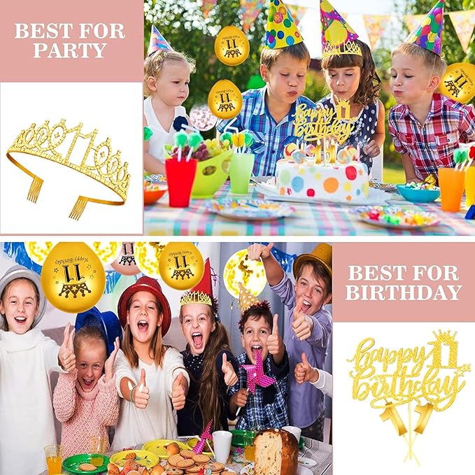 11th Birthday Decorations for Her Girls Set, Include 11th Birthday Crown and 11 Sash, 11th Birthday Cake Topper and 11 Birthday Candles, Gold 11 Balloons, Women 11th Party Supplies(Gold)