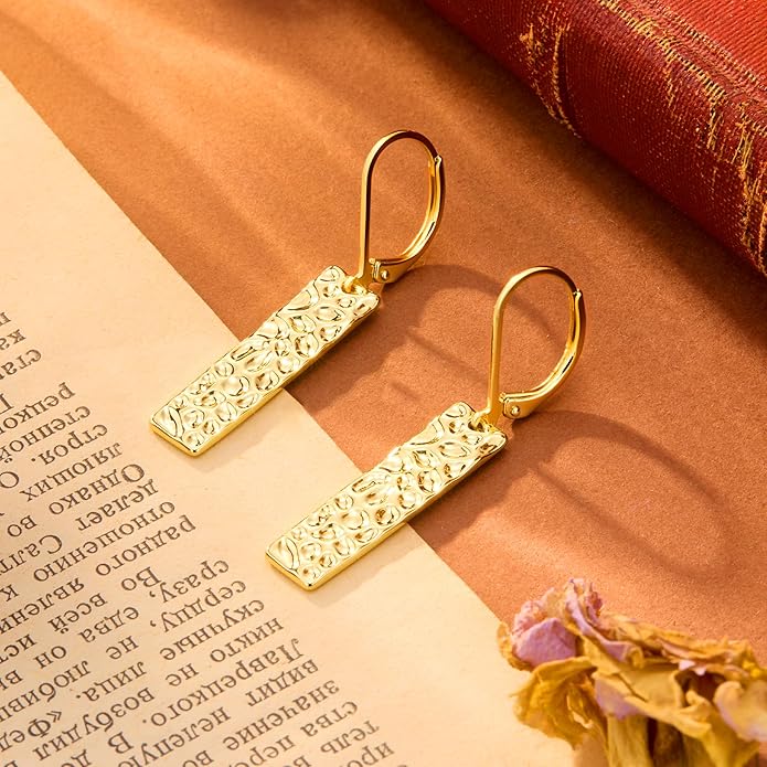 ALEXCRAFT 925 Sterling Silver Dangle Earrings for Women, 14K Gold Plated French Leverback Earrings, Hypoallergenic Lightweight Statement Hammer Square Bar Long Drop Earing for Women Trendy Jewelry