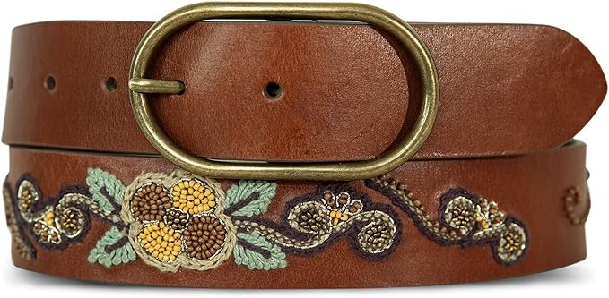 Lucky Brand Women's Embroidered Leather Belt | Stylish | Classic | Western-Inspired | American Heritage | Jean | Pant