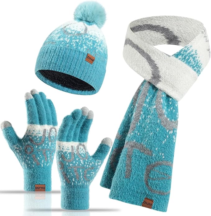Winter Hat Scarf Gloves Set for Women Womens Knit Warm Hat Beanie Long Scarf Touchscreen Gloves Skull Caps Neck Scarves