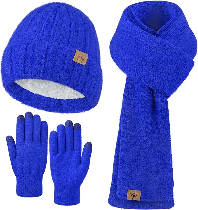 Winter Beanie Hat Scarf Gloves, Warm Fleece Knit Hat Long Scarf Neck Warmer Touch Screen Winter Gloves Set Gifts for Women