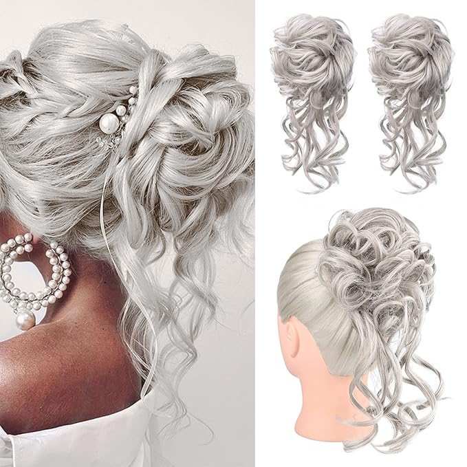 HOOJIH Messy Bun Hair Piece, 2PCS Tousled Updo with Tendrils Hair Bun Extensions Wavy Curly Hair Wrap Ponytail Hairpieces Thick Hair Scrunchies for Women HB010 Dasiy - Warm Gray With Brown mixed