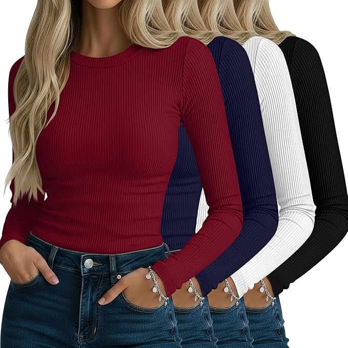 Neer 4 Pack Women's Ribbed Long Sleeve Shirts, Cotton Crew Neck Slim Fit Tops Stretch Knit Casual Base Layer Basic Tee Shirts
