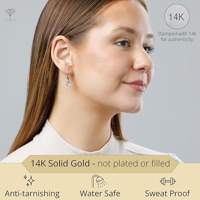 14k Gold Leverback Cubic Zirconia Dangle Earrings | Solid Real White or Yellow Gold Dangle Earrings for Women | 1-8 CT.TW 14k Gold Earrings for Women | CZ Cubic Zirconia Drop Earrings by MAX + STONE