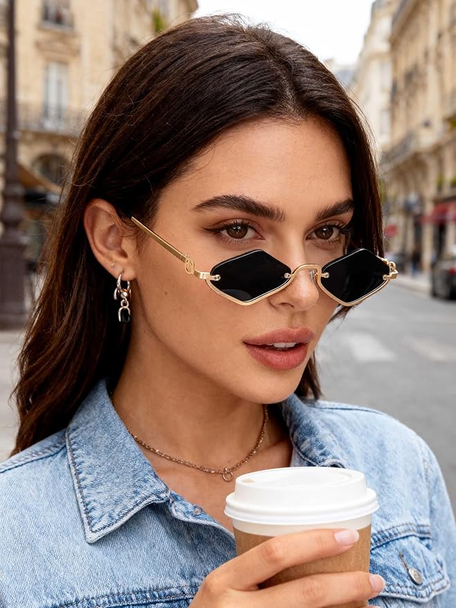 Retro Y2k Sunglasses for Women Men,Trendy Semi-Rimless Sun Glasses Irregular Narrow Gold Sunnies UV400