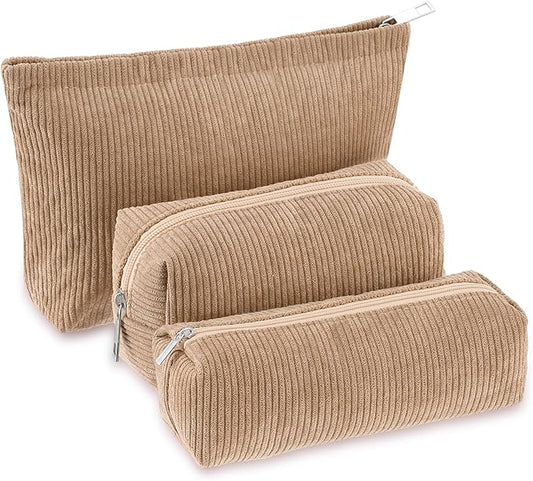 3 Pcs Makeup Bag Set for Women Corduroy Cosmetic Pouch Aesthetic Smile Travel Toiletry Bag Cute Purse Pouch Pencil Case Makeup Brushes Storage Organizer for Christmas(Khaki,Solid Style)
