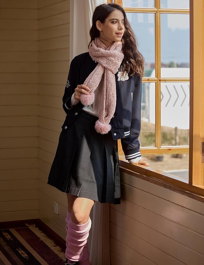 Womens Chenille Scarf with Pompom Winter Knit Warm Scarves for Cold Weather with Gift Box