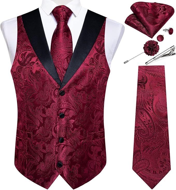 DiBanGu Mens Paisley Suit Vest Silk Jacquard Waistcoat and Necktie Set Formal Shawl Collar Dress Vest 7PCS for Wedding Party