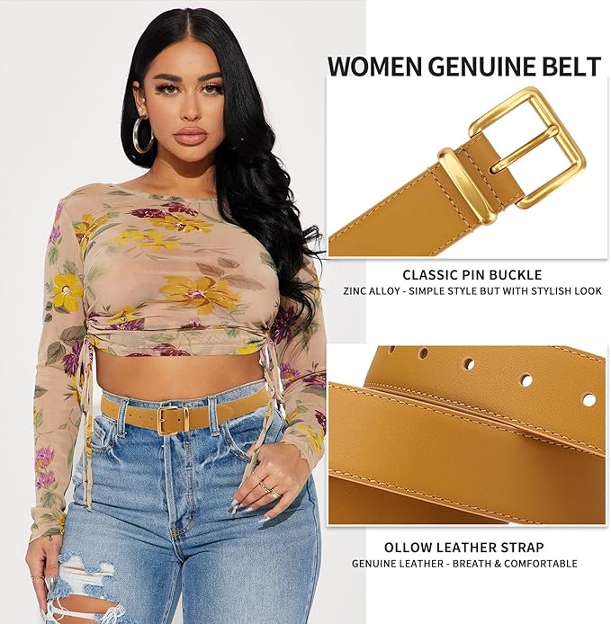 TINIDI Women Genuine Leather Belt for Jeans Pants Dress Fashion Ladies Waist Belt with Gold Buckle