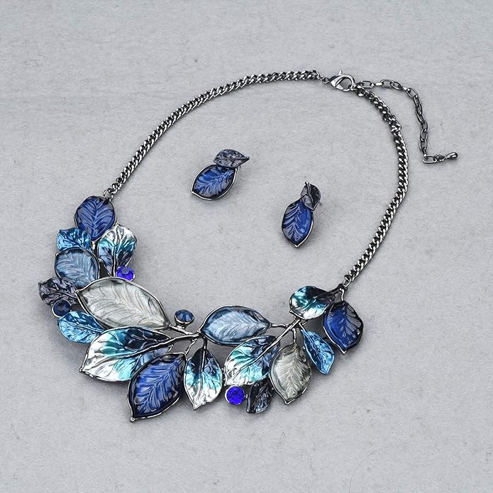 Vintage Statement Jewelry Set Leaf Floral Bohemian Boho Statement Necklace Earring Set Crystal Fashion Costume Jewelry