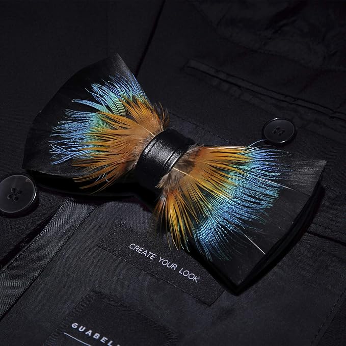 RBOCOTT Handmade Feather Pre-tied Bow tie and Brooch Sets for Men