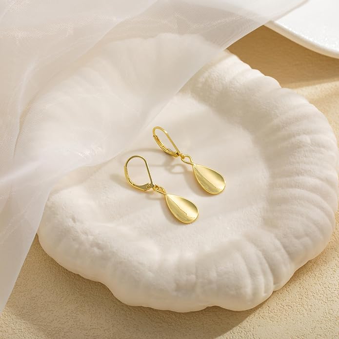Gold Dangle Earrings for Women, 14K Gold Plated Lightweight Hypoallergenic Teardrop Drop Earrings, Trendy Leverback Minimalist Jewelry for Sensitive Ears Vacation Wear, 7-Styles