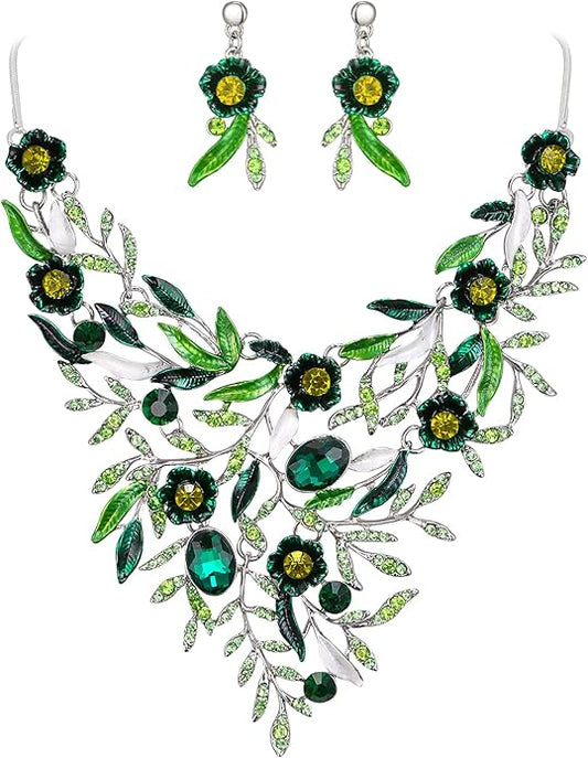 BriLove Wedding Bridal Leaf Cluster Jewelry Set for Women Crystal Flower Enamel Statement Necklace Dangle Earrings