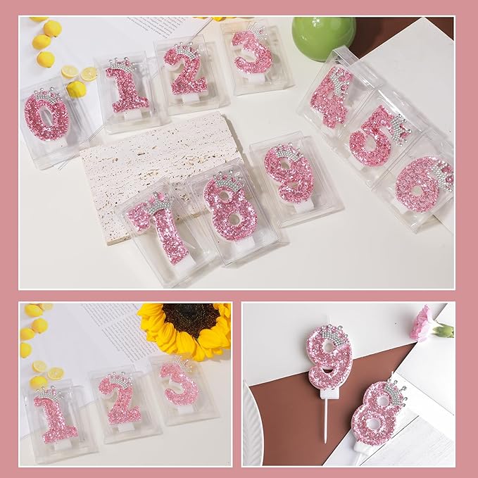 Birthday Number Candles,Pink Crown Birthday Candles for Cake,Glitter Number 7 Candle Cake Topper with Sequins for Girls,Women, Anniversary Celebrations Supplies (Pink 7)
