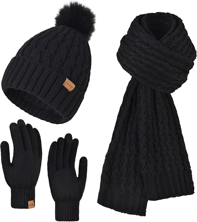 Womens Winter Warm Beanie Hat Long Neck Scarf and Touchscreen Gloves Set with Fleece Lined Pom Skull Caps for Women
