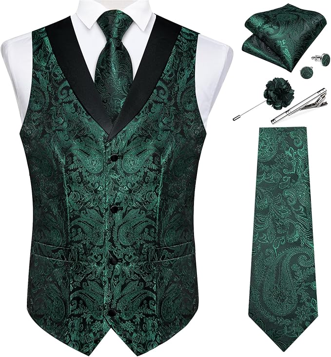 DiBanGu Mens Paisley Suit Vest Silk Jacquard Waistcoat and Necktie Set Formal Shawl Collar Dress Vest 7PCS for Wedding Party