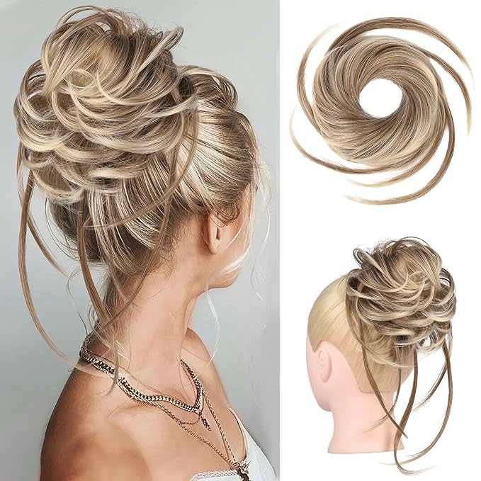 HOOJIH Messy Bun Hair Piece - Super Long Tousled Updo Extensions, Wavy Wrap Ponytail Hairpieces, Scrunchies With Elastic Band HB007 Grace - Light Ash Brown With Blonde Mixed