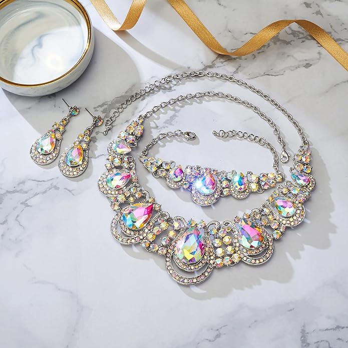BriLove Women's Teardrop Crystal Statement Necklace Cluster Hollow Dangle Earrings Chain Bracelet Bib Jewellery Set for Wedding Bride Bridesmaid