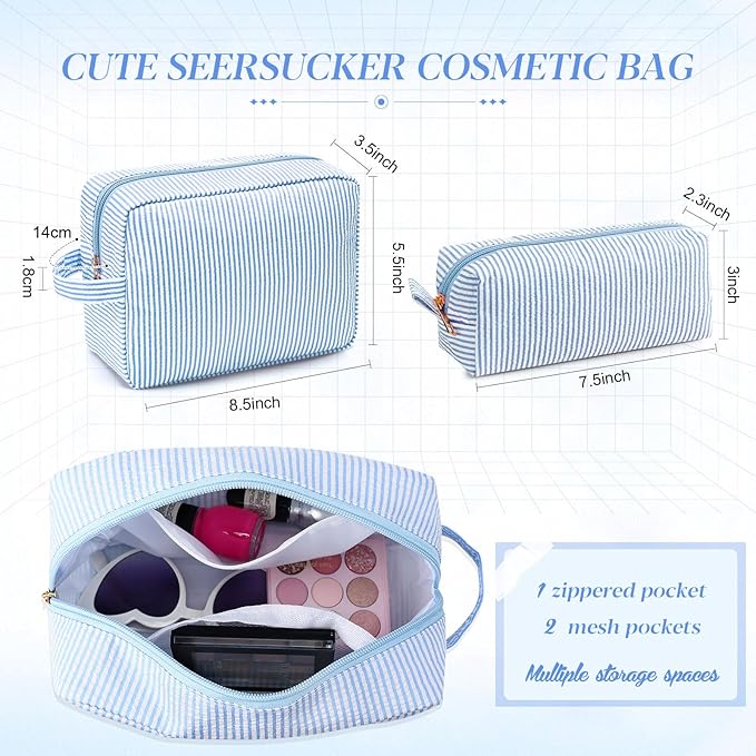 Sanwuta 2 Pcs Makeup Bag Set Seersucker Cosmetic Bag for Women Cute Stripe Travel Toiletry Organizer Aesthetic Preppy Storage Pouch for Girls Wedding Bridesmaid Valentine's Day Gifts(Light Blue)
