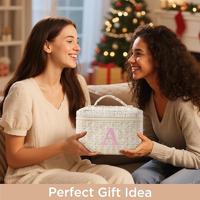 HBselect Initial Quilted Makeup Bag, Pink Cosmetic Travel Toiletry Bag, Flowers Coquette Zipper Make Up Pouch Organizer Teen Girl Gift Trendy Stuff R