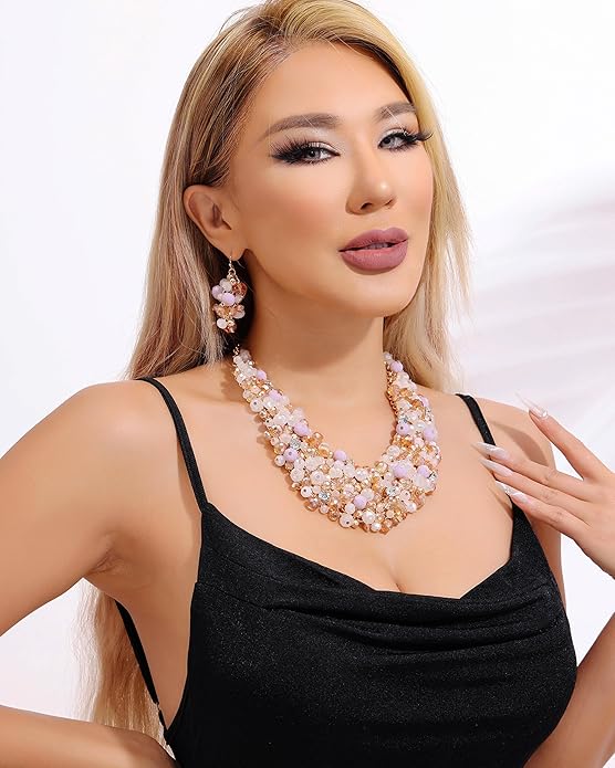 Bocar Fashion Crystal Chunky Collar Statement Necklace Earring Set for Women Gift (NK-10260)