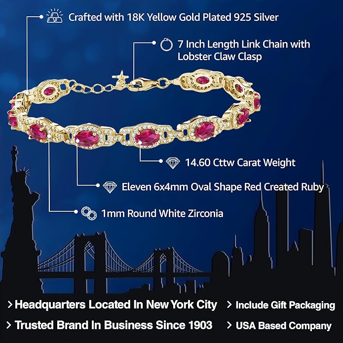 Gem Stone King 18K Yellow Gold Plated Silver Oval Gemstone Birthstone Tennis Bracelet For Women | Oval 6X4MM | 7 Inch With 1 Inch Extender | Fine Jewelry Gifts for Her Mom Women Wife