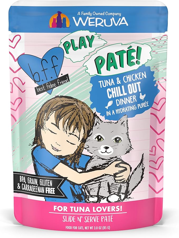 Weruva B.F.F. Play - Best Feline Friend Paté Lovers, Aw Yeah!, Tuna & Chicken Chill Out with Tuna & Chicken, 3oz Pouch (Pack of 12)