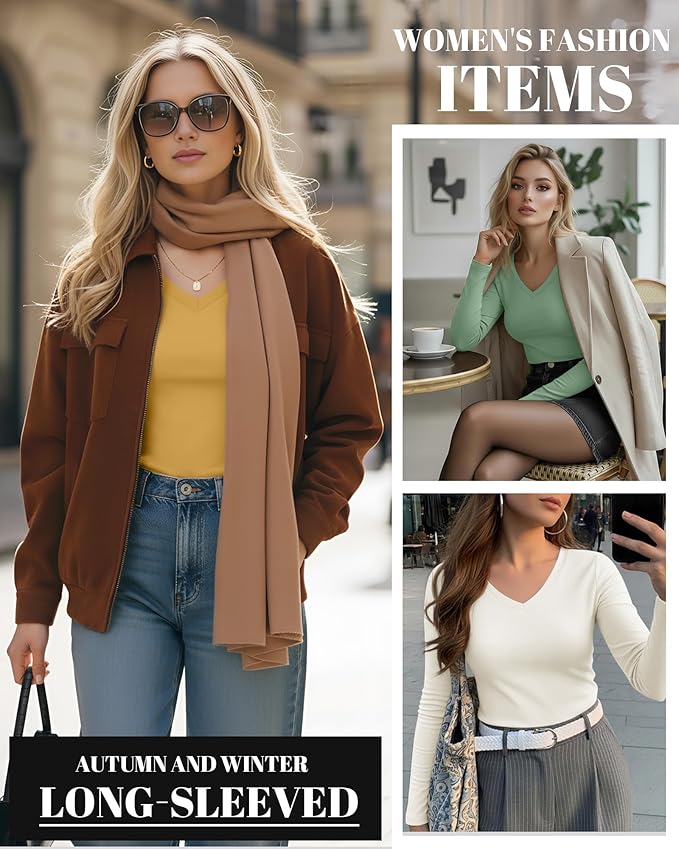 Ficerd 3 Pack Women's Long Sleeve Shirts, V Neck Basic Tees Slim Fitted Casual Fall Tops Going Out Blouses T Shirts