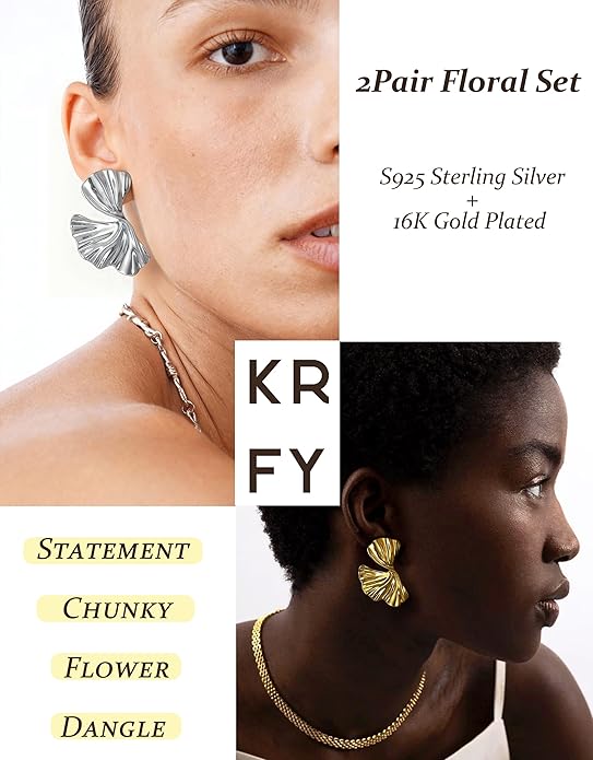 KRFY Statement Earrings 2 Pairs, S925 Sterling Silver Post 16K Plated Chunky Gold Earrings For Women Trendy, Hypoallergenic Big Flower Leaf Stud Earring Set, Silver Color Large Dangle Earrings Jewelry