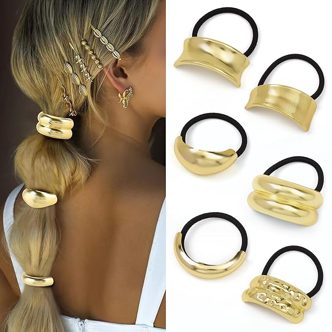 Gold Metal Hair Ties for Women - Cuffs, Accessories, Elastic Bands for Thick and Thin Hair Ponytails