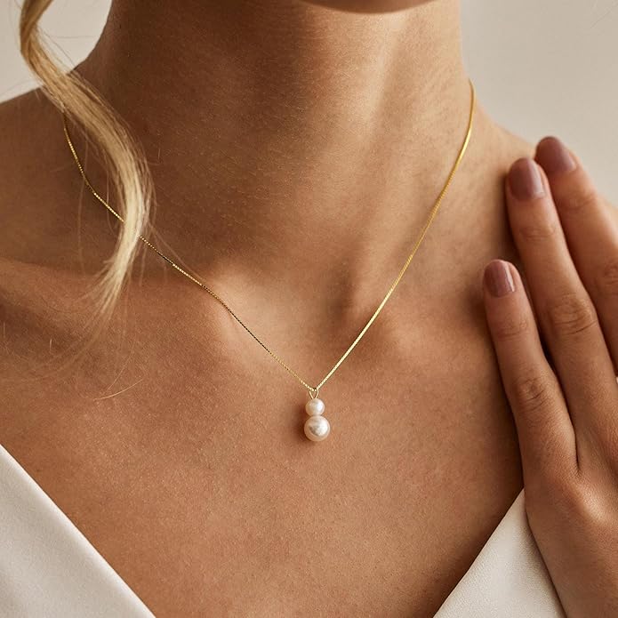 Valentines Day Gifts for Her - 14K Gold Plated Pearl Necklaces for Women Trendy Dainty Necklace Simple Layered Pearl Necklaces for Women Trendy Wedding Birthday Valentines Jewelry