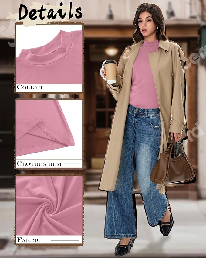 Ficerd 3 Pack Women's Mock Turtleneck Shirts, Long Sleeve Mock Neck Pullover Tops Slim Fitted Stretch Undershirt Tee Blouse