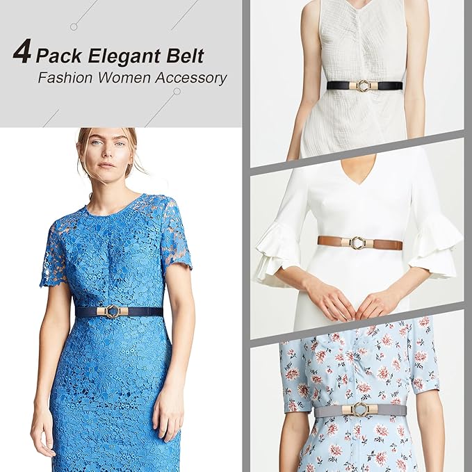 WERFORU Women Skinny Belt for Dresses Retro Stretch Waist Belt with Gold Buckle Set of 4
