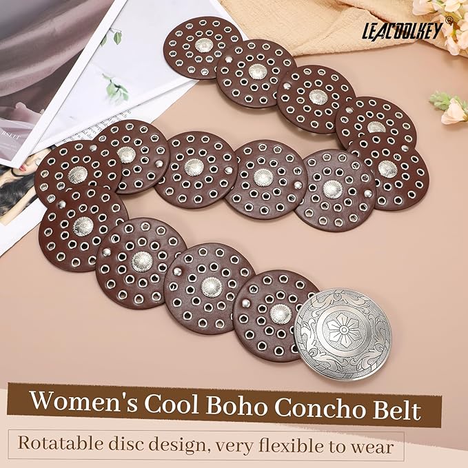 LEACOOLKEY Women's Boho Disc Belt Wide Western Leather Belt Vintage Concho Waist Belts for Dress Jeans