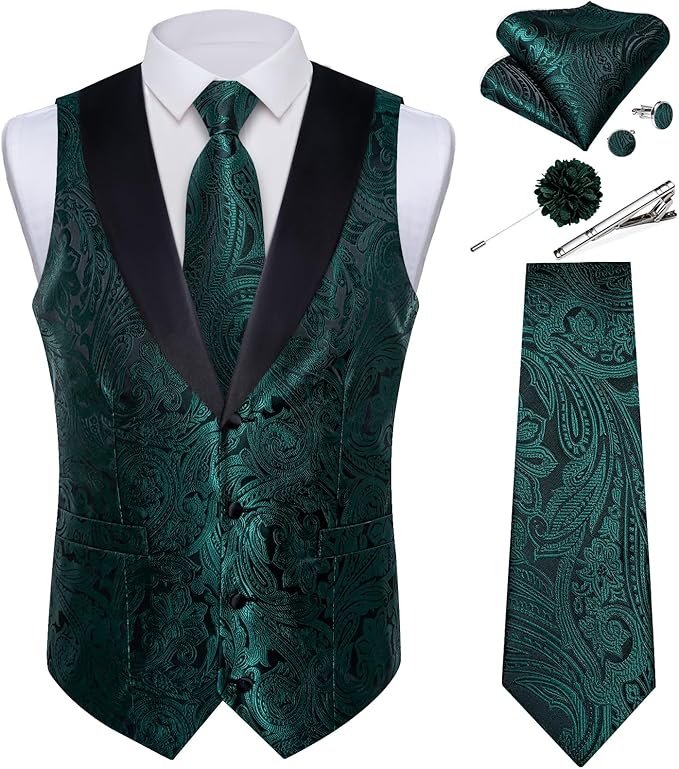 DiBanGu Mens Paisley Suit Vest Silk Jacquard Waistcoat and Necktie Set Formal Shawl Collar Dress Vest 7PCS for Wedding Party