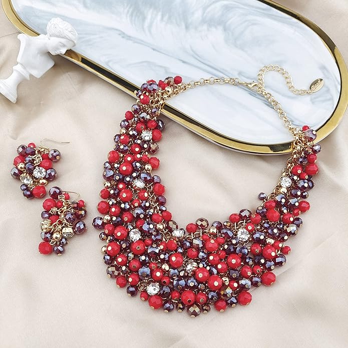Bocar Fashion Crystal Chunky Collar Statement Necklace Earring Set for Women Gift (NK-10260)