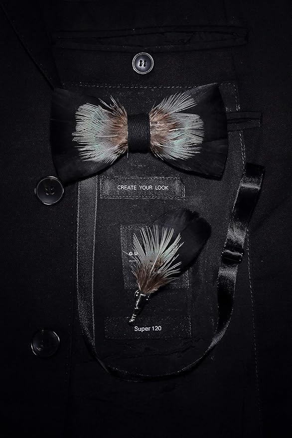 RBOCOTT Handmade Feather Pre-tied Bow tie and Brooch Sets for Men