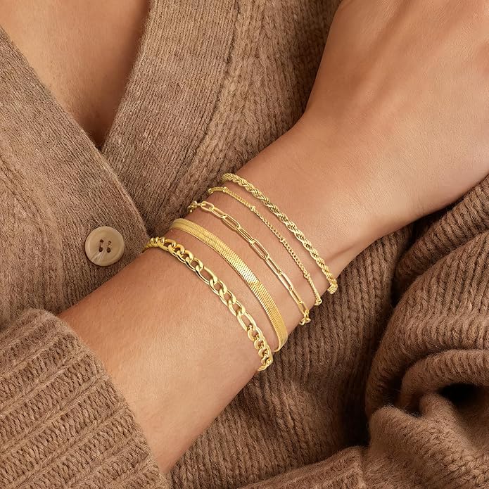 Gold Bracelets for Women Non Tarnish, Dainty 18K Gold Plated Bracelets Stack Trendy Waterproof Stackable Bangles, Cuban Link Paperclip Chain Jewelry Set Fashion Accessories Gifts for Women