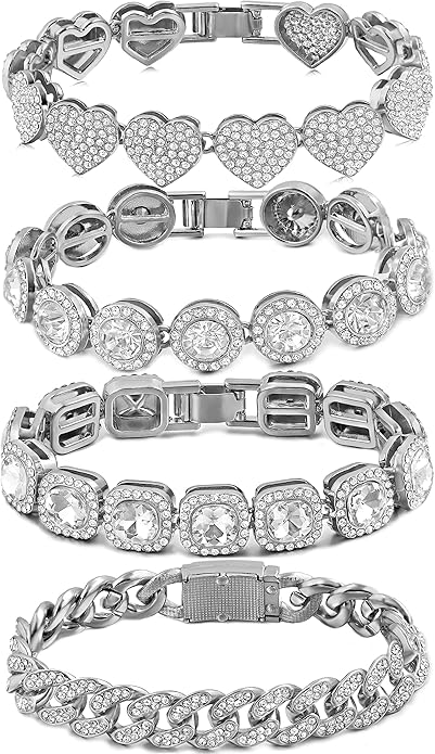 4PCS Gold Bracelets for Women Silver Clustered Tennis Bracelet for Women Heart Round Diamond Cuban Bracelet Layered Link Bracelet Set Fashion Jewelry for Women Set