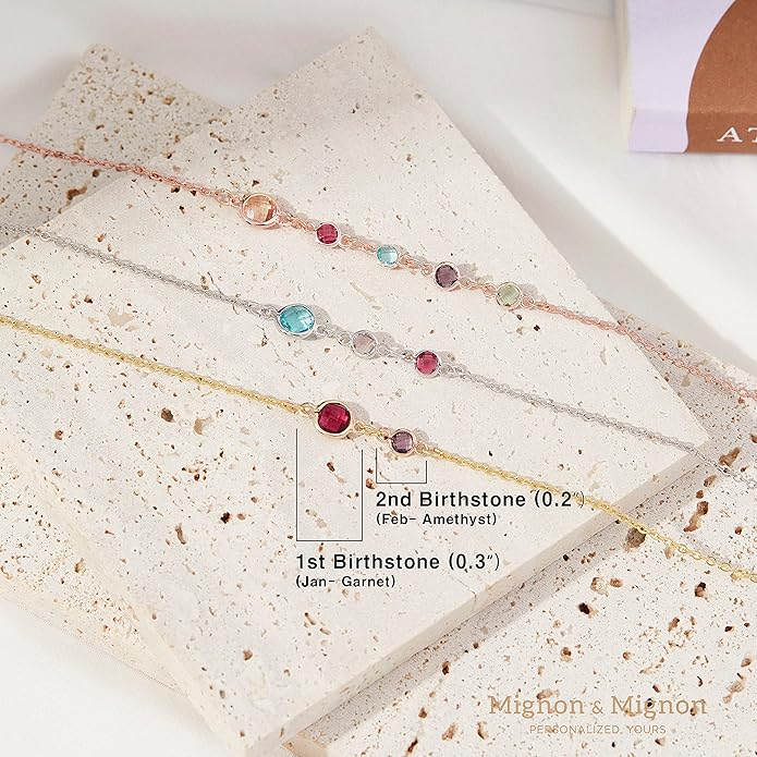 MignonandMignon Custom Birthstone Necklace for Women, Family Jewelry Gift for Moms, Kids, and Grandmas -BSN-MC