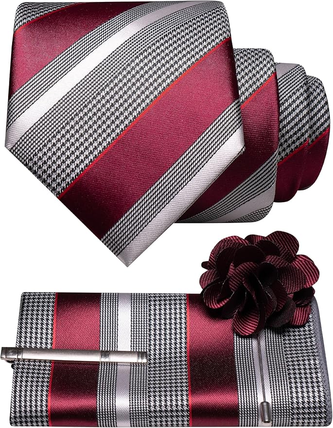 JEMYGINS Mens Striped Tie and Lapel Pin Necktie Pocket Square and Tie Clip Sets for Business Casual 4PCS