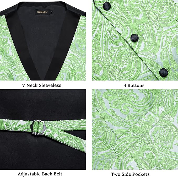 DiBanGu Mens Paisley Suit Vest Silk Jacquard Waistcoat and Necktie Set Formal Shawl Collar Dress Vest 7PCS for Wedding Party