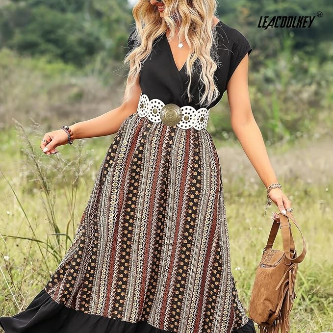 LEACOOLKEY Women's Boho Disc Belt Wide Western Leather Belt Vintage Concho Waist Belts for Dress Jeans